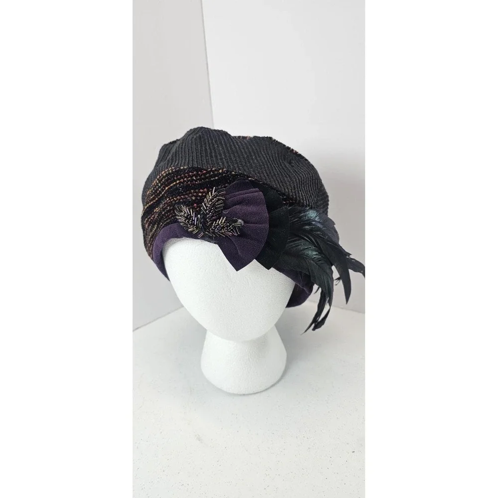 Vintage Beaded Feather Beret Hat Purple Black Metallic Women's Dress Hat